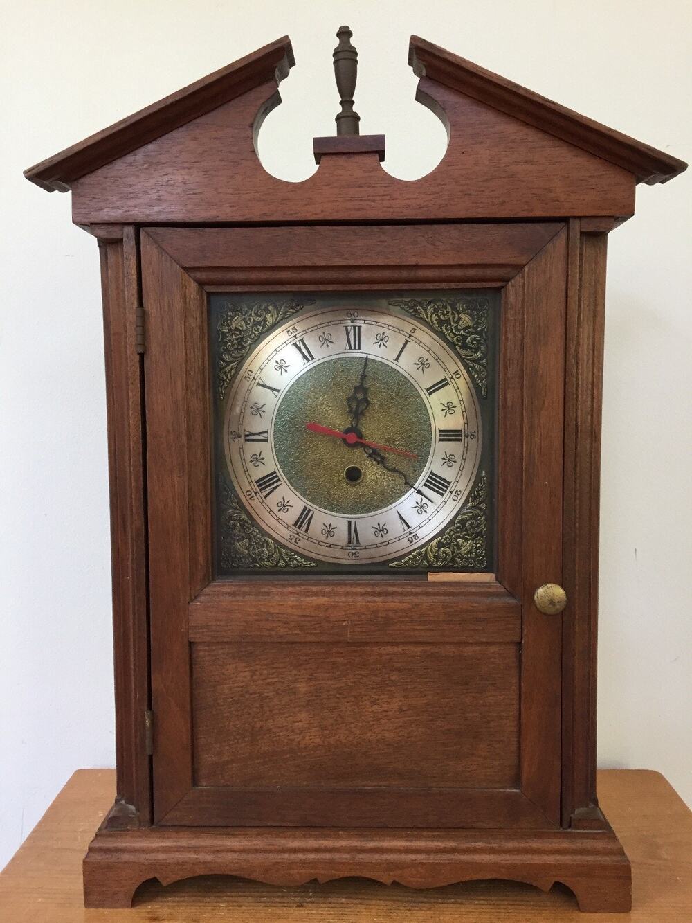 Vtg 1965 Handmade Hardwood Brass Mantel Shelf Clock Wind-Up Colonial Style 20"